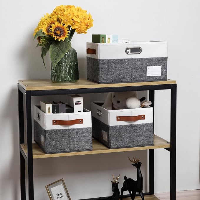 PRANDOM Larger Foldable Storage Bins with Handles [5-Pack] Fabric Collapsible Storage Boxes Baskets Cubes Containers with Handles for Closet Living Room Bedroom (Grey & White 17.3x12.2x10.4')