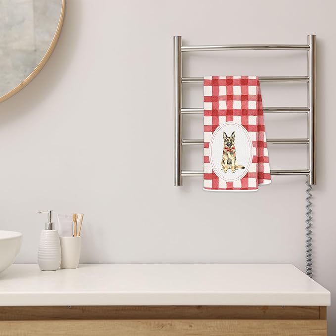 Red Plaid German Shepherd Kitchen Towels 16x24 Inch, German Shepherd Lovers Gifts Decorative Hand Towels for Bathroom, Red Checkered Dog Dish Tea Towel Drying Cloth