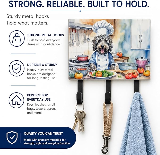 Caroline's Treasures Bergamasco Sheepdog The Chef Leash or Key Holder Wall Hooks, Key Hooks Holder, Coat Rack Wall Mount, Coat Hooks, Hooks for Hanging Keys, Towels, Aprons, Leashes | Bergamasco Sheepdog The Chef artwork on ceramic tile with three stee...