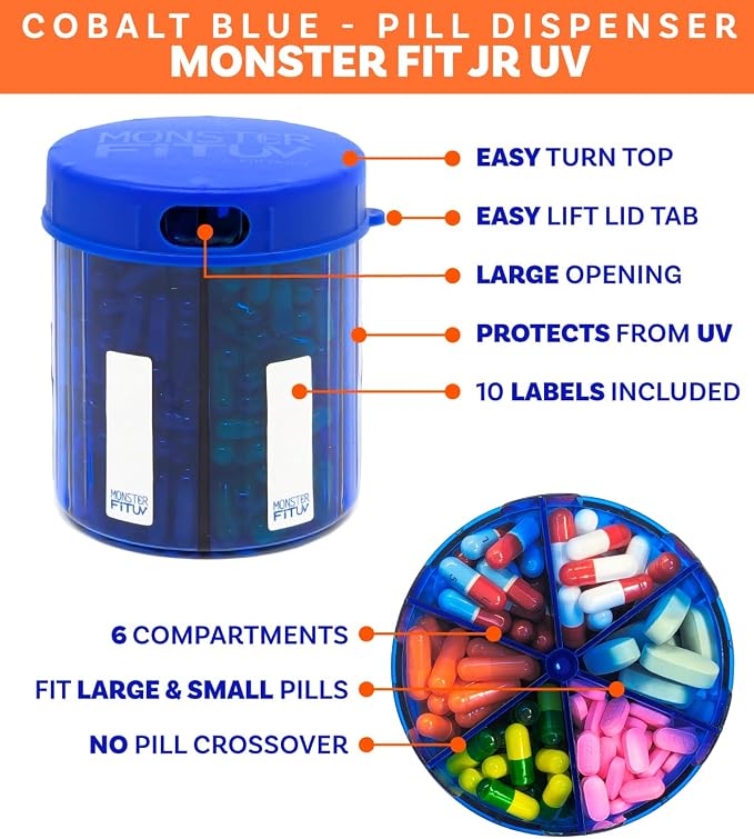 Supplement Pill Dispenser Bottle, 6 Compartment, Labels, Easy Open, Anti-Mixing, UV Protected, Monthly Vitamin, Monster Fit Jr Medication Holder (Cobalt Blue, Small)