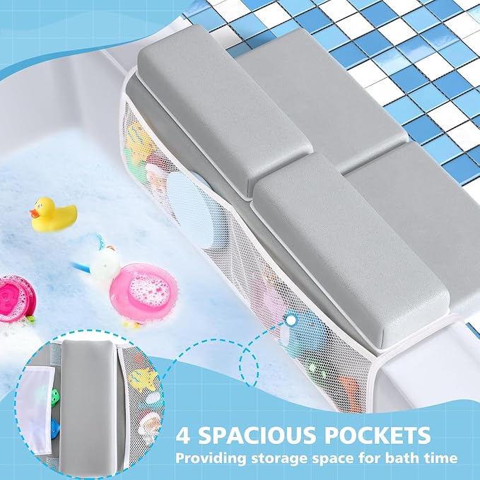 Tiikiy 1.5" Extra Thick Baby Bath Kneeler and Elbow Rest Set, Memory Foam Pad with 4 Organizer Pockets, Comfort Support for Bathing Baby & Pets - Gray Green