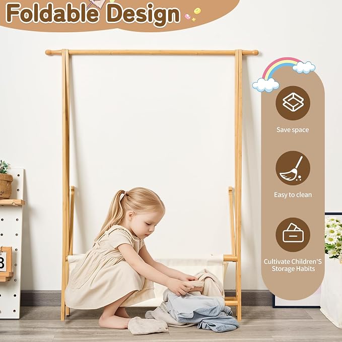 Bamboo Kids Clothing Rack with Storage Box - Foldable,Kids Dress Up Rack with Hooks & Rod, Organize Dress Up Storage & School Uniforms, Perfect for 4-13 Year Olds