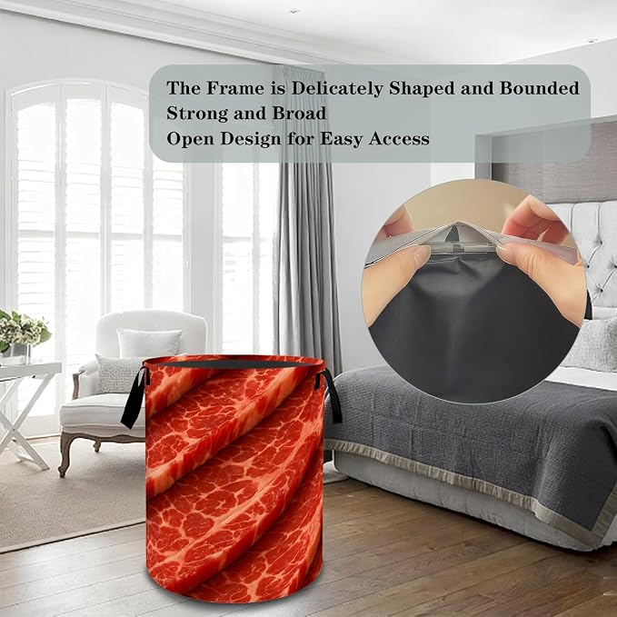 Fresh Beef Basket Hamper, Organizer Bins Gifts for Women Kids, Realistic Meat Food Foldable Waterproof Clothes Hamper Handles Storage Bucket for Bedroom Bathroom Room Decor 19.7"x15.7"