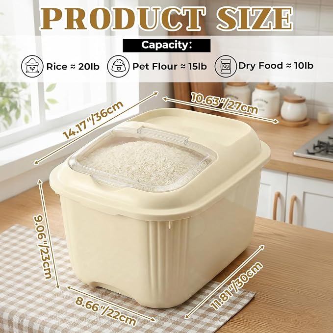 Blushtier 4 Pack Sugar Storage Containers Flour Bin with Wheels Large Pet Dog Food Storage Boxes Measuring Cup Sealed Transparent Flip Lid Portable Household Rice Container Set (Yellow,20 Lbs)