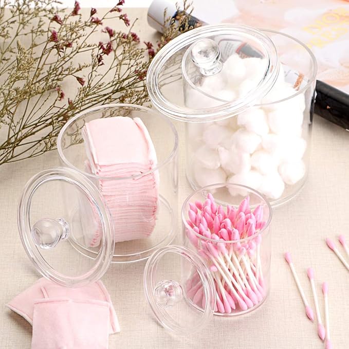 Hipiwe Set of 3 Cotton Ball and Swab Organizer Acrylic Q-Tips Jar with Lid | Clear Apothecary Jar Makeup Organizer Holder, Bathroom Vanity Storage Canister for Cotton Rounds and Pads