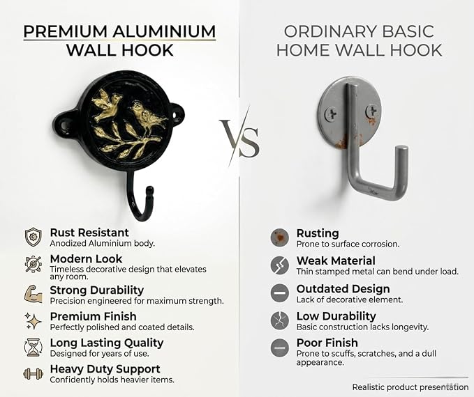 Aluminium Bird Print Wall Hook for Home Décor | Decorative Rustic Wall Mounted Coat & Key Holder | Strong Multipurpose Hanging Hook for Entryway, Bedroom, Bathroom & Kitchen