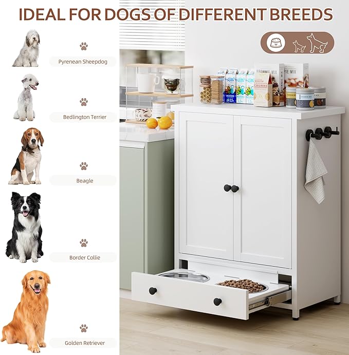 Dog Feeding Station with Storage, Metal Dog Food Storage Cabinet with 2 Elevated Bowls and 3 Hooks, Pet Feeding Station and Dogs Food Storage Organizer