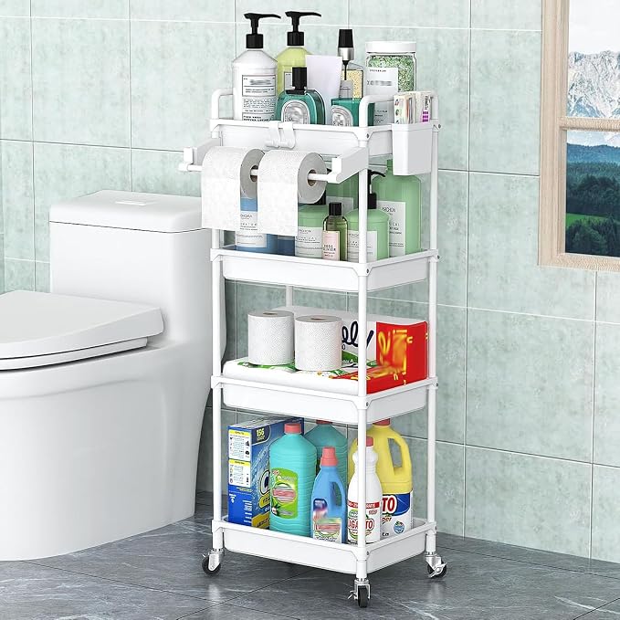 SPACEKEEPER Rolling Storage Cart, 4 Tier Utility Cart for Bathroom, White | Rolling Cart with Lockable Wheels, Towel Rack, Hooks & Cup for Laundry Room,Kitchen,Office, Snack,Craft,Art,Makeup,Nail,Toys