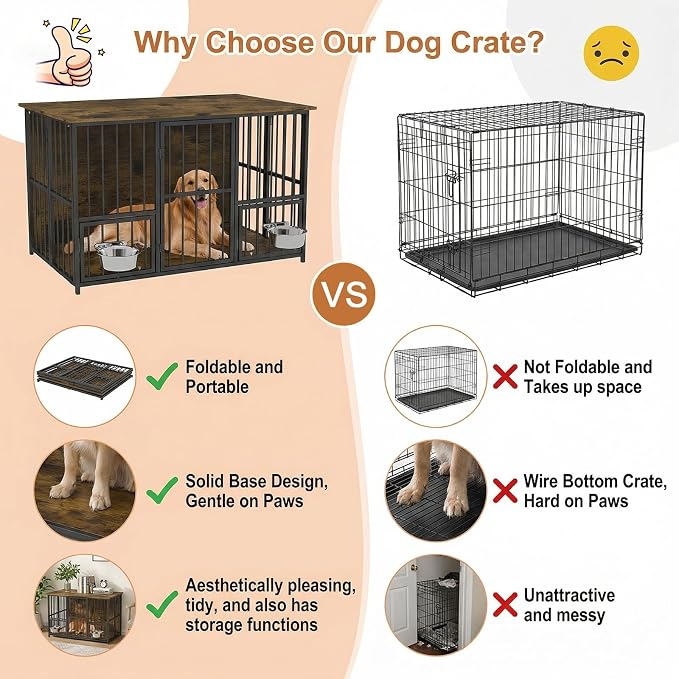 Hadulcet 41'' Foldable Dog Crate Furniture, Large Dog Kennel with 2 Bowls | Wooden Crate Table with Storage Top, Furniture Style Indoor Kennel for Small to Large Dogs with Rotating Food Door, Brown