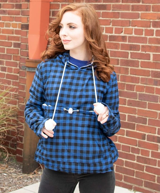 Pet Pouch Hoodie - Cat Dog Holder Sweatshirt Large Pocket Carrier Pullover Tops for Women (Blue+Black, XX-Large)
