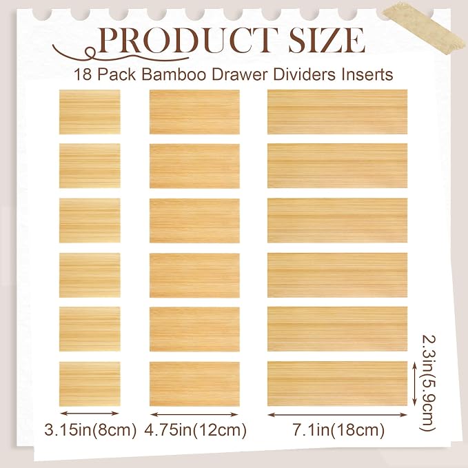 18 Pack Bamboo Drawer Dividers Inserts 3 Sizes Adjustable for Drawer Organizers Kitchen Utensils Storage Home Office Bathroom Dresser Cosmetic, 7.1 x 2.3 in, 4.7 x 2.3 in, 3.15 x 2.3 in