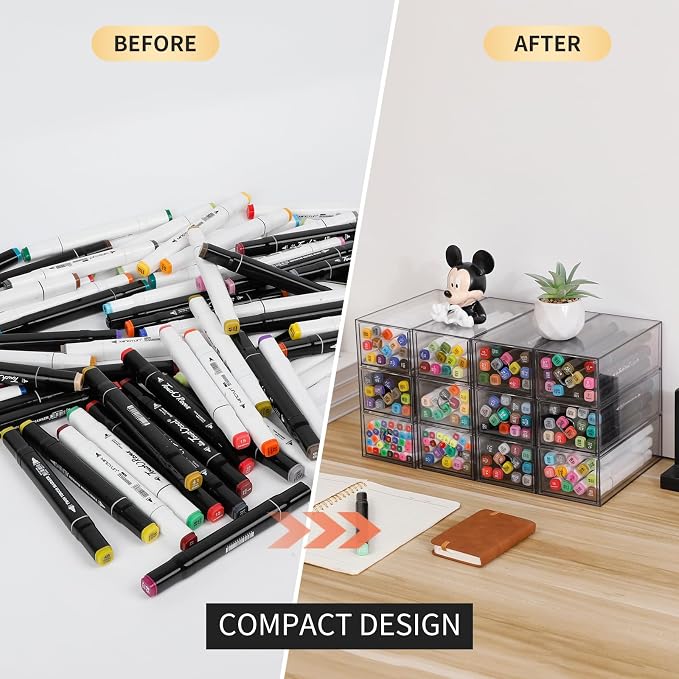 Clear Desk Drawers Organizer, 4 Pack, 12 Drawers, Plastic | For Home Office Supplies, Marker Pen, Art Crafts, Crayons, Coffee Pods, Makeup, For Bathroom, Kitchen, Pantry, Coffee Bar