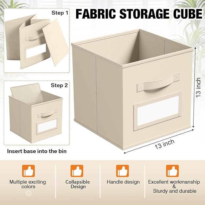 Teenyyou 10 Pack Fabric Storage Cubes 13 Inch Collapsible Cube Bins with Label Window & Handle Foldable Organizers Baskets for Shelf Closet Nursery Kids Room Clothes Book Toy(Beige)