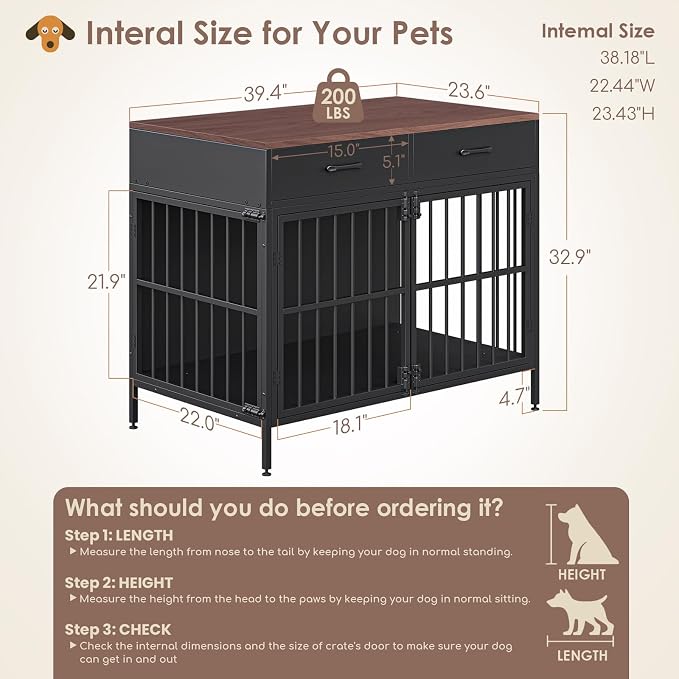 XL Dog Crate Furniture, 39.4" Heavy-Duty Dog Kennel with 2 Storage Drawers | Chew Proof & Escape Proof Dog Cage,Double Door with Secure Latch, Furniture-style Wooden End Table, Adjustable Non-slip Feet