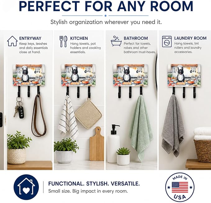 Caroline's Treasures Belgian Sheepdog The Chef Leash or Key Holder Wall Hooks, Key Hooks Holder, Coat Rack Wall Mount, Coat Hooks, Hooks for Hanging Keys, Towels, Aprons, Leashes | Belgian Sheepdog The Chef artwork on ceramic tile with three steel hook...
