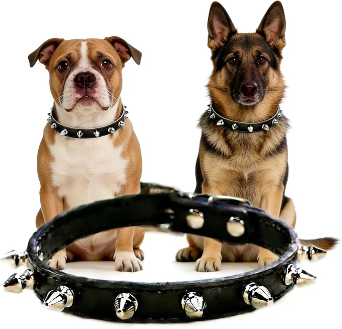 Enjoying Spiky Dog Collar, Spiked Dog Collar for Large Dogs, Anti-Bite Studded Protective Pet Neck, Faux Leather Spiky Collar with Metal Rings for Hold Pet Tags/Leash, Adjustable, Black, L