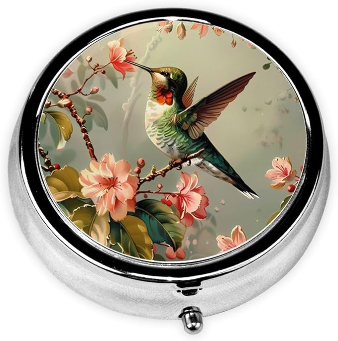 Pill Box, Small Pill Organizer with 3 Compartments and Mirror, Cute Round Portable Travel Metal Pill Case for Pocket or Purse, Privacy-Protecting Medicine Box-Hummingbird Flowers