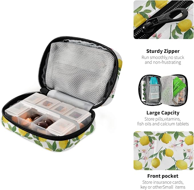 Watercolor Floral Lemon Pill Box 7 Day Pill Case Travel Pill Organizer Bag with Zipper Portable Weekly Case Compact Size for Vitamin Supplement Holder