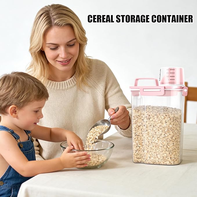 2 Pack 3 Lbs Pet Dog Cat Food Bird Seed Storage Containers for Travel -Pink | Airtight 5 Lbs Rice Dispenser Flour Container Keep Fresh Portable Cereal Oatmeal Holder Large Pour Spout Measuring Cup Handle