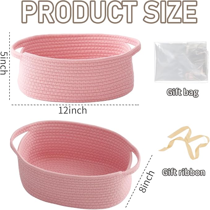 JMvicyroam Small Woven Basket, Empty Gift Basket, Pink/2 Pack | Small Gift Basket, Cotton Rope, 12 x 8 x 43 in, Handles, Includes Ribbon and Bag, Birthday Gift Basket