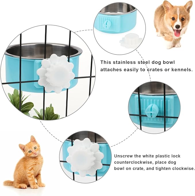 Crate Dog Bowl,Removable Stainless Steel Kennel Water Hanging Food & Water Feeder Crate Water Bowl No Spill for Puppy,Cat,Rabbit,Guinea Pig (Blue)
