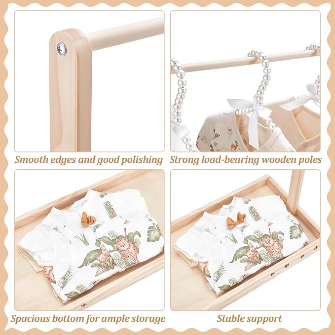 1 Set Wooden Small Clothes Rack, Pets Clothes Rack with Hanging Rod Solid Pets Wardrobe Coat Racks Dogs Cats Dolls Clothes Display for Playroom Bedroom, 23.62x10.24x21.85Inch