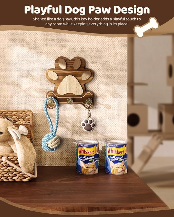 MTERSN Pine Wood Dog Leash Holder for Wall - Gift for Dog Lovers, Brown | 3D Dog Leash Hooks, Unique Dog Paw Shape Design, Ideal for Keys, Hats & Collars, 3 Wall Hooks, Key Holder for Cute Dog Stuff