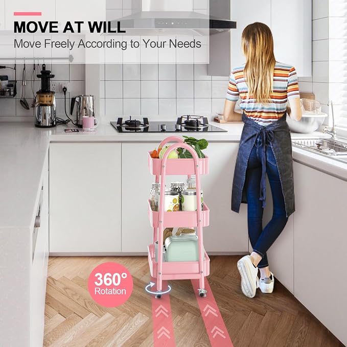 3 Tier Utility Rolling Cart, Metal Storage Cart with Handle and Lockable Wheels, Multifunctional Storage Organizer Trolley with Mesh Baskets for Kitchen, Living Room, Office, Garage (Pink)
