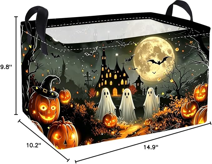 Essme Rectangular Halloween Basket,Kids Storage Bins Organizer with Handles for Ghost Room Decor, Gift Basket,Shelf Basket.(Dream Halloween)