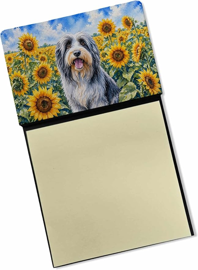 Caroline's Treasures Bearded Collie in Sunflowers Watercolor Sticky Note Holder Refillable Dispenser Desk Accessory 3x3 Pad Gift