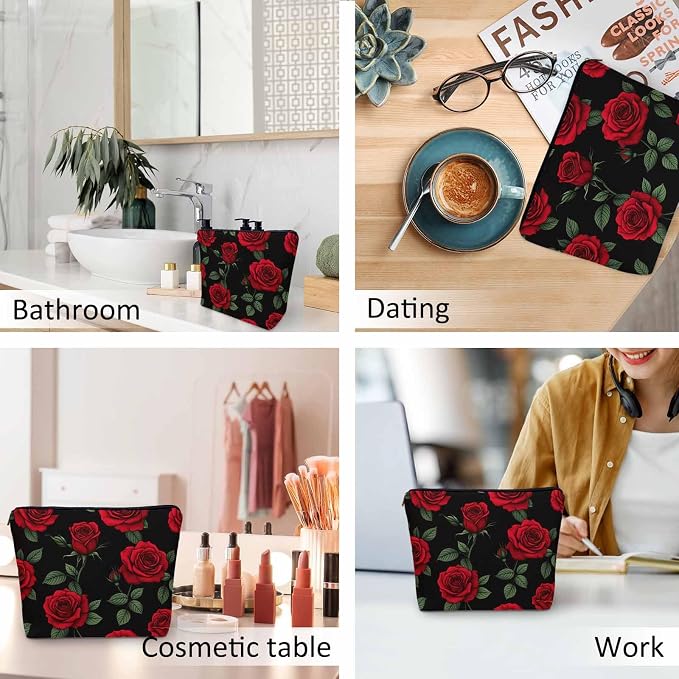 Woman Rose Makeup Bag - Blossom Flower Roses Red Travel Cosmetic Bags Toiletry Makeup Organizer Pencil Pouch For Owners Lady Birthday Gifts