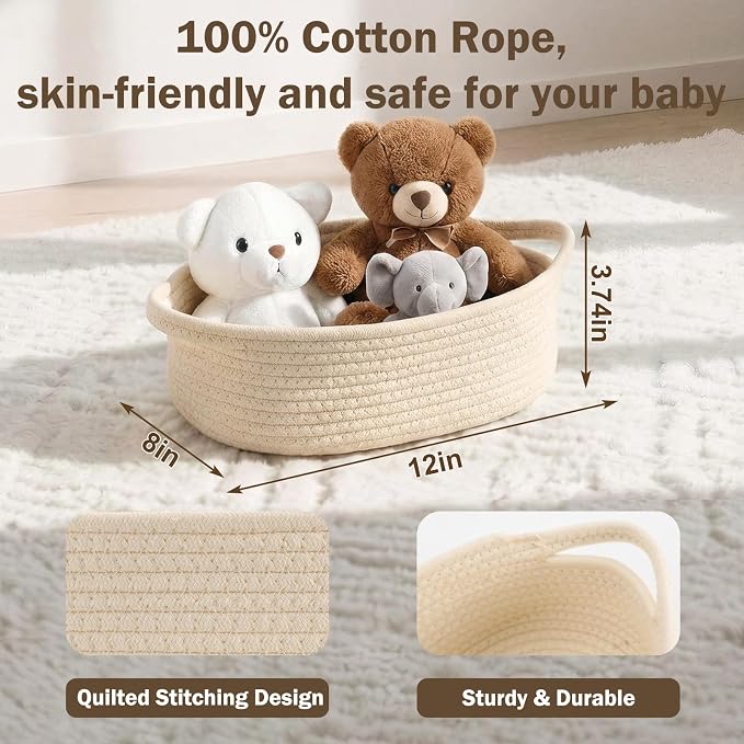Basket for Gifts Empty, Small Woven Basket with Bags and Ribbons, Baby Toy Baskets with Handles, Wicker Storage Bin for Baby Showers or Pet Toy (Creamy White, 1 Pack (12"x 8"x 3.74"))