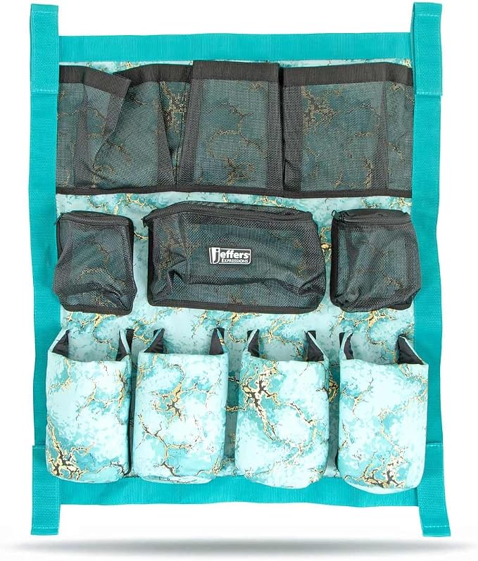 Jeffers Expression Trailer Door Horse Grooming Caddy, Easy Hang Portable Equestrian Organizer, Mesh Pockets, Zippered Compartment, Padded Pockets for Brushes, Water Bottle, Accessories - Bisbee Blue