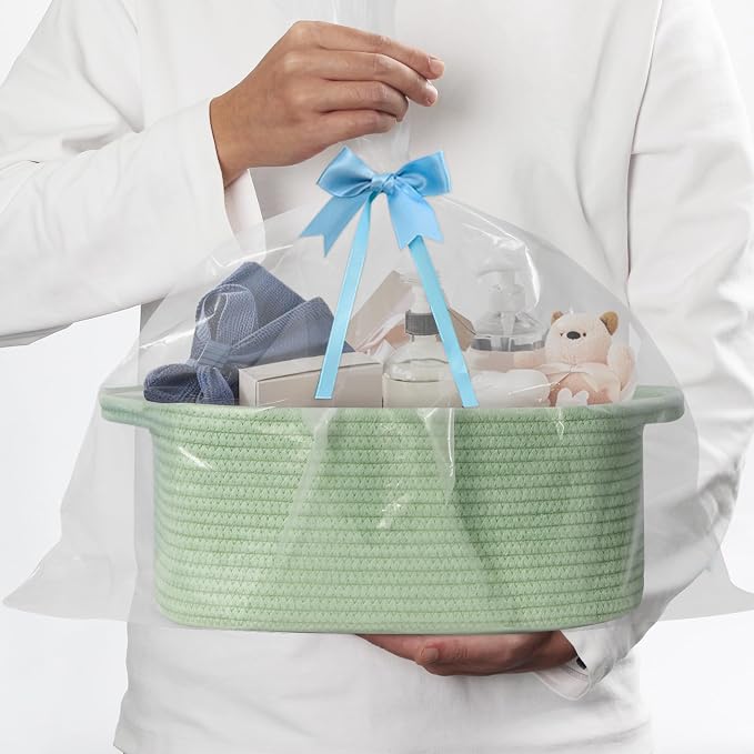 MEGASKET Green Basket, Woven Baskets for Gifts Empty, Medium Cotton Rope Dog Toy Box, Green Room Decor, Cute Baby Nursery Storage Organizer with Handle, Decorative Wicker Bin for Organizing Gift Towel