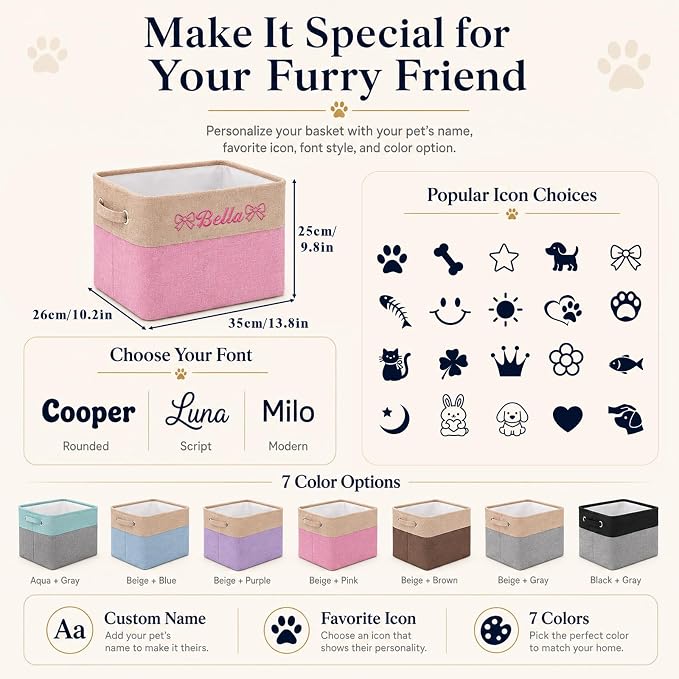 Personalized Dog Toy Storage Basket Bin with Embroidered Name | Customize a pet name and mirrored pet icons on a foldable fabric organizer for toys, leashes, blankets and pet supplies