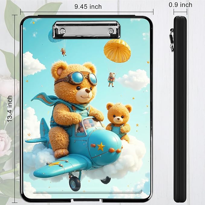 Heavy Duty Storage Clipboard, Slim Nursing Clipboard with Internal Pen Case, Portable File Organizer Case for A4 Letter Size Paper Office Medical Professionals, Airplane Bear