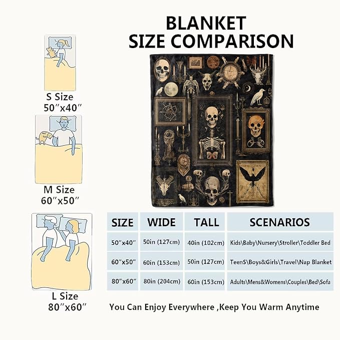 Gothic Skull Witchy Blanket Goth Skeleton Vintage Picture Frame Throw Blankets,Gifts for Kids Adult Women Men,Lightweight Soft Fleece,Horror Lovers,Sofa Couch Bed Room Halloween Decor 60x80in