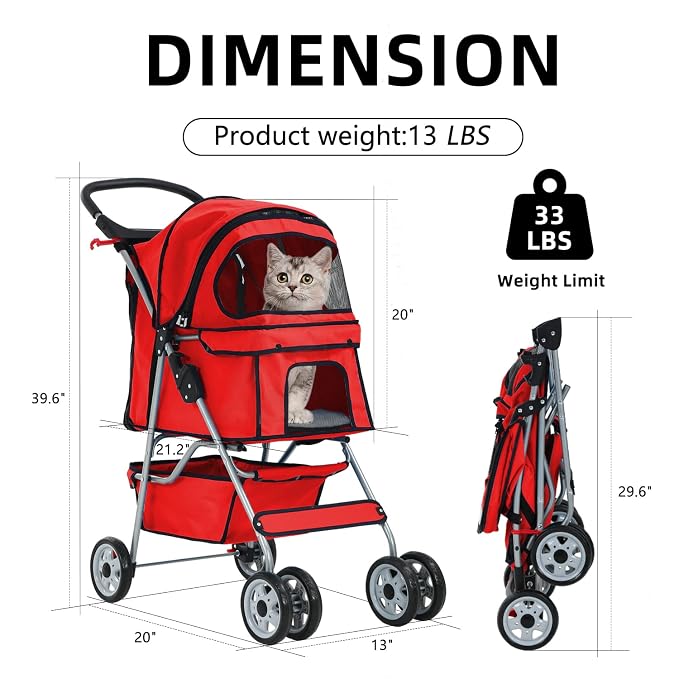 4 Wheels Pet Stroller, Ideal for Small to Medium Pets. Features a Folding Design, Waterproof Construction, Cup Holder, and Removable Liner. Perfect for Jogging or Traveling with Your Pets (Red)