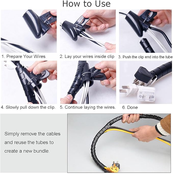 Black Computer Cable Management Wire Cover Electrical Cord Hider Solutions 2 PCS, VIWIEU Tangle Sprial Cable Tube with 4 Adhesive Cable Clips for TV Laptop Floor Home & Office