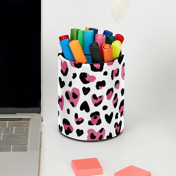 Faux Leather Pen Holder for Desk, Pencil Organizer Leopard Pen Cup Desk Decor Makeup Brush Holder Storage for Office Home