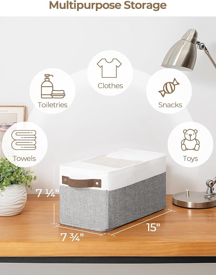 StorageWorks Narrow Storage Bins, Gray and White, 2-Pack | With Metal Frame, Sturdy Structure, PU Handles, Toilet Paper Storage, Small Storage Bins, For Bathroom, Closet, Shelf