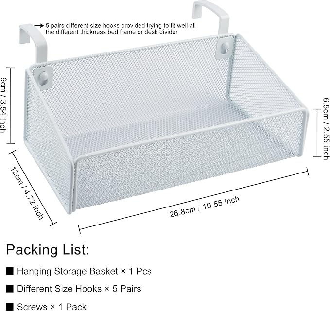 Bedside Shelf for Bed & Bunk Bed Storage Basket Office Cubical Wall Hanging Organizer - 5 Different Size Hooks - College Dorm Home Office Essentials for Phone,Book,Drink,Tissue (White)