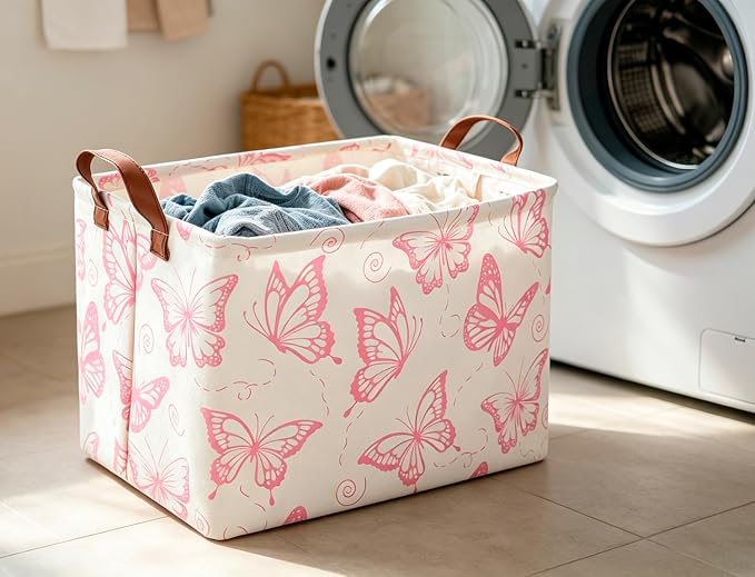 CLOCOR Rectangular Fabric Storage Bin, Waterproof Storage Box with Handles(Pink Butterfly)