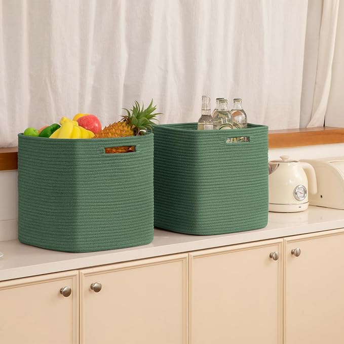 OIAHOMY 3 PACK Cube Storage Bin 13 Inch Collapsible Storage Cube Green | Cube Storage Organizer Storage Bins for Shelves Baskets for Organizing Woven Rope Storage Baskets