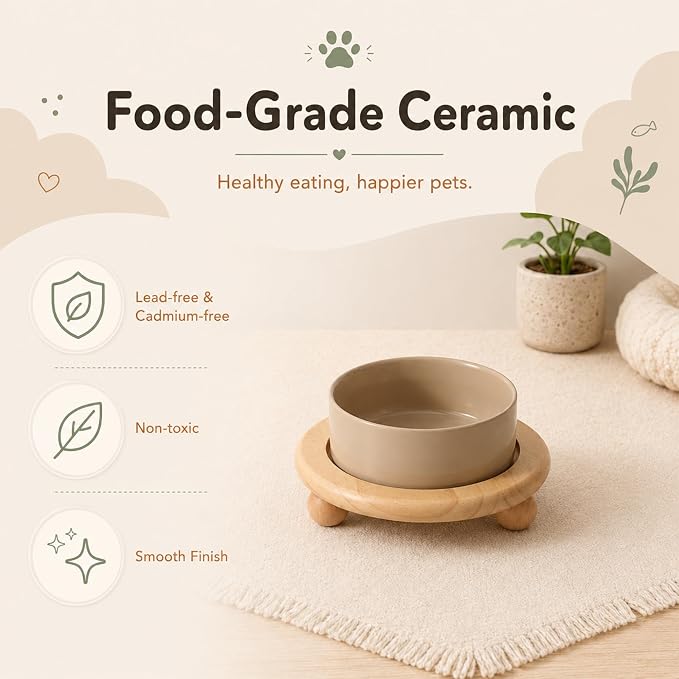 Havniva Raised Cat Bowl 5.1” Elevated Ceramic Cat Food and Water Bowl | Cat Bowls Elevated, Whisker Friendly Cat Bowl, Non-Slip Wood Stand, Food-Grade Ceramic, Wide Opening, Dishwasher Safe