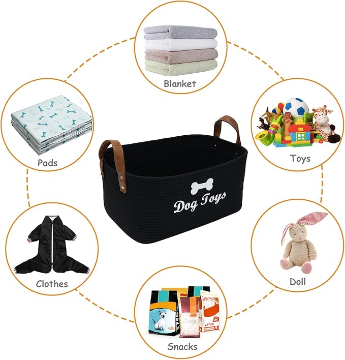X-Large Cotton Rope Dog Basket with Leather handle Blanket Storage Basket Decorative Clothes Hamper Basket | Extra Large Baskets for Blankets or Laundry-Black