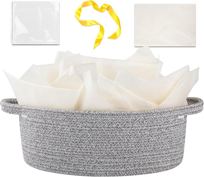 OIAHOMY Gift Basket with Handle, Small Woven Basket with Gift Bag, Ribbon and Wrap Tissue Paper, Nursery Bins Empty to Fill with Small Items, Baby, Pet Toy Organizer - Grey