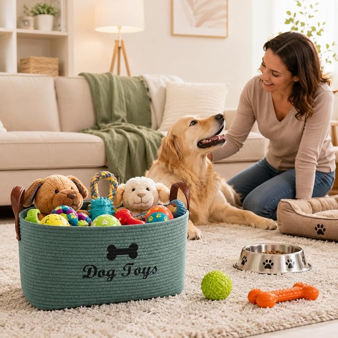 Large Dog Toy Basket, 100% Cotton Rope Dog Toy Storage Bin-Green | Dog Toy Box for Livingroom Area with Handle for organizing Pet toys,Blankets,Leashes,Pee Mats and Diapers-16.5"x10.6"x 7.5"