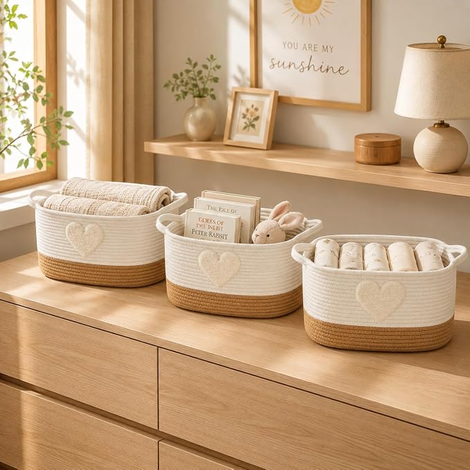 UBUSUN Storage Basket, Woven Baskets for Shelves, Heart | 3 Pack Boho Cotton Rope Storage Baskets, 14" x 9" x 8", Home Organizer for Nursery, Holds Toys, Books & Towels