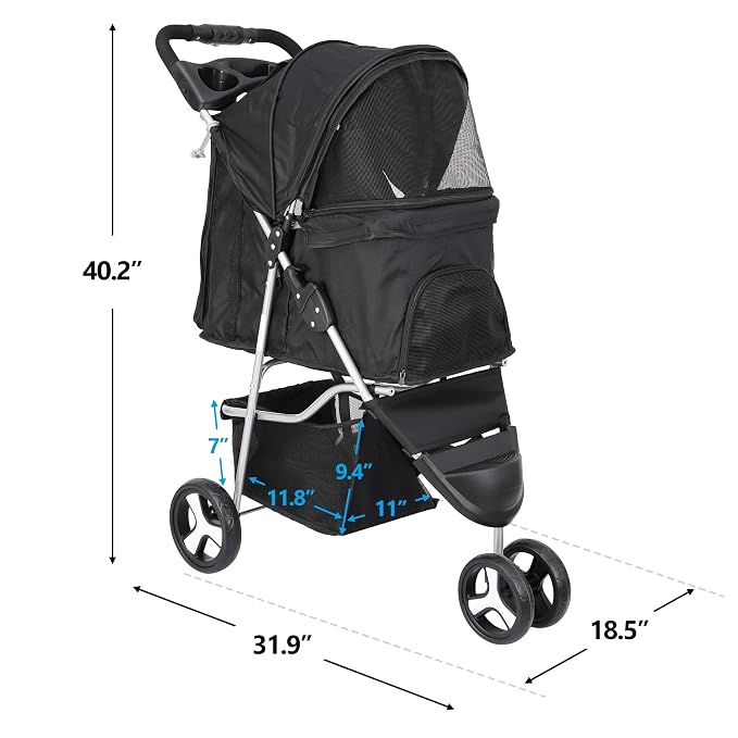 3 Wheels Dog Stroller, Pet Strolling Cart with Skylight Storage Basket Cup Holder Storage Tray, Animal Carrier for Medium Small Dogs and Cats, Easy Walk